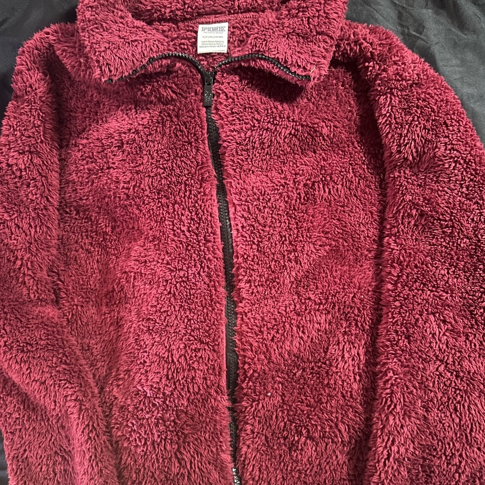Brand pink, women’s size small zip up furry hoodie color red